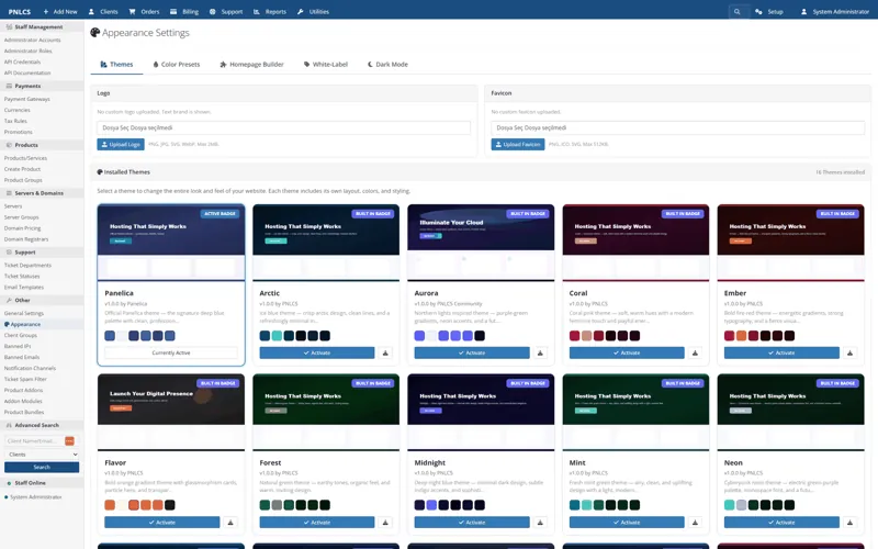 The Appearance screen in the PNLCS admin panel with the installed themes