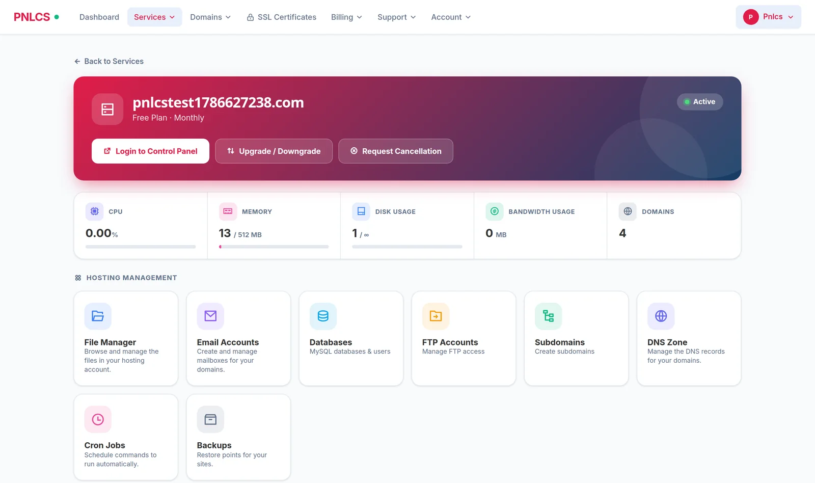 A hosting service in the PNLCS client portal, with live usage and eight management tools